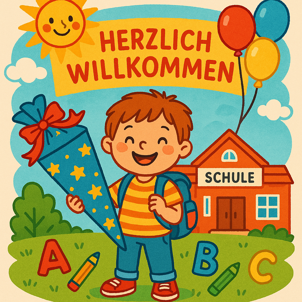 Zeichnung eines Kindes bei der Einschulung mit Schultüte