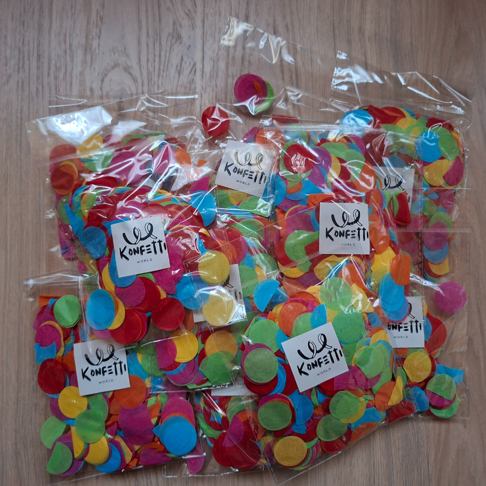 Papierkonfetti bunt rund Ø 2,5 cm oder Ø 1,5 cm – 100g Set (10 Beutel) konfetti.world