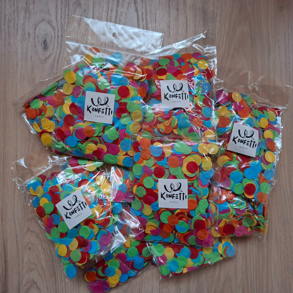 Papierkonfetti bunt rund Ø 2,5 cm oder Ø 1,5 cm – 100g Set (10 Beutel) konfetti.world