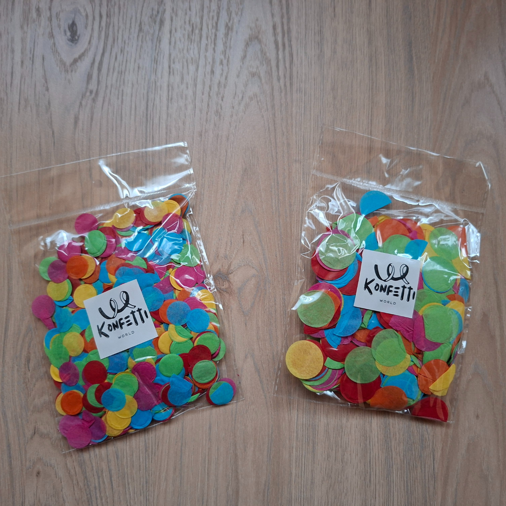 Papierkonfetti bunt rund Ø 2,5 cm oder Ø 1,5 cm – 100g Set (10 Beutel) konfetti.world
