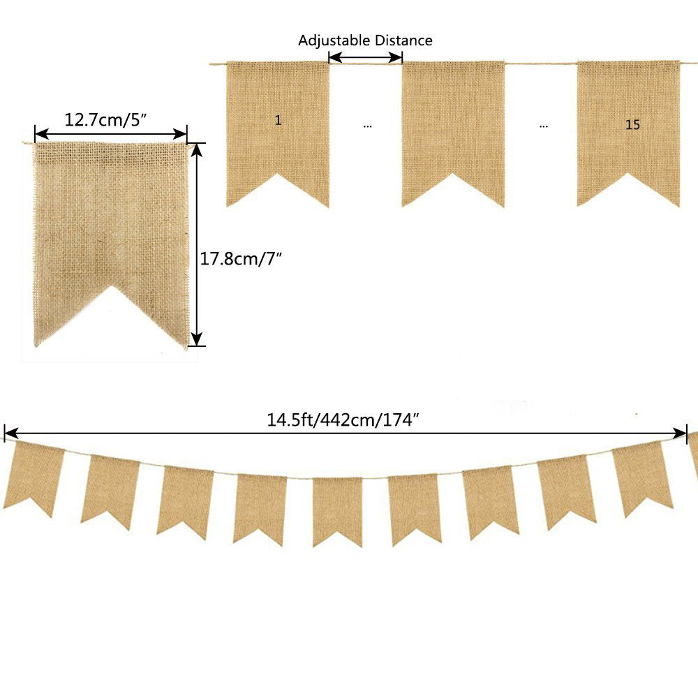 Leinen-Wimpelgirlande – 15-teilig | 4,4 m | Perfekt für Hochzeiten & Feiern konfetti.world Shipping