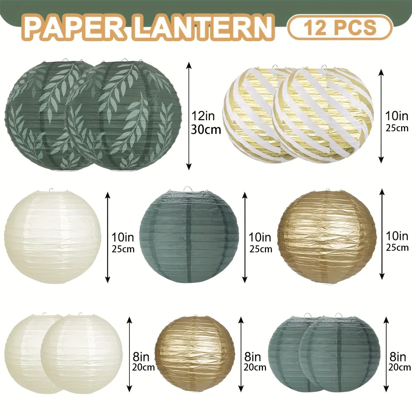 Papierlaternen-Dekoset – 12-teilig, Salbeigrün, Gold, Weiß konfetti.world